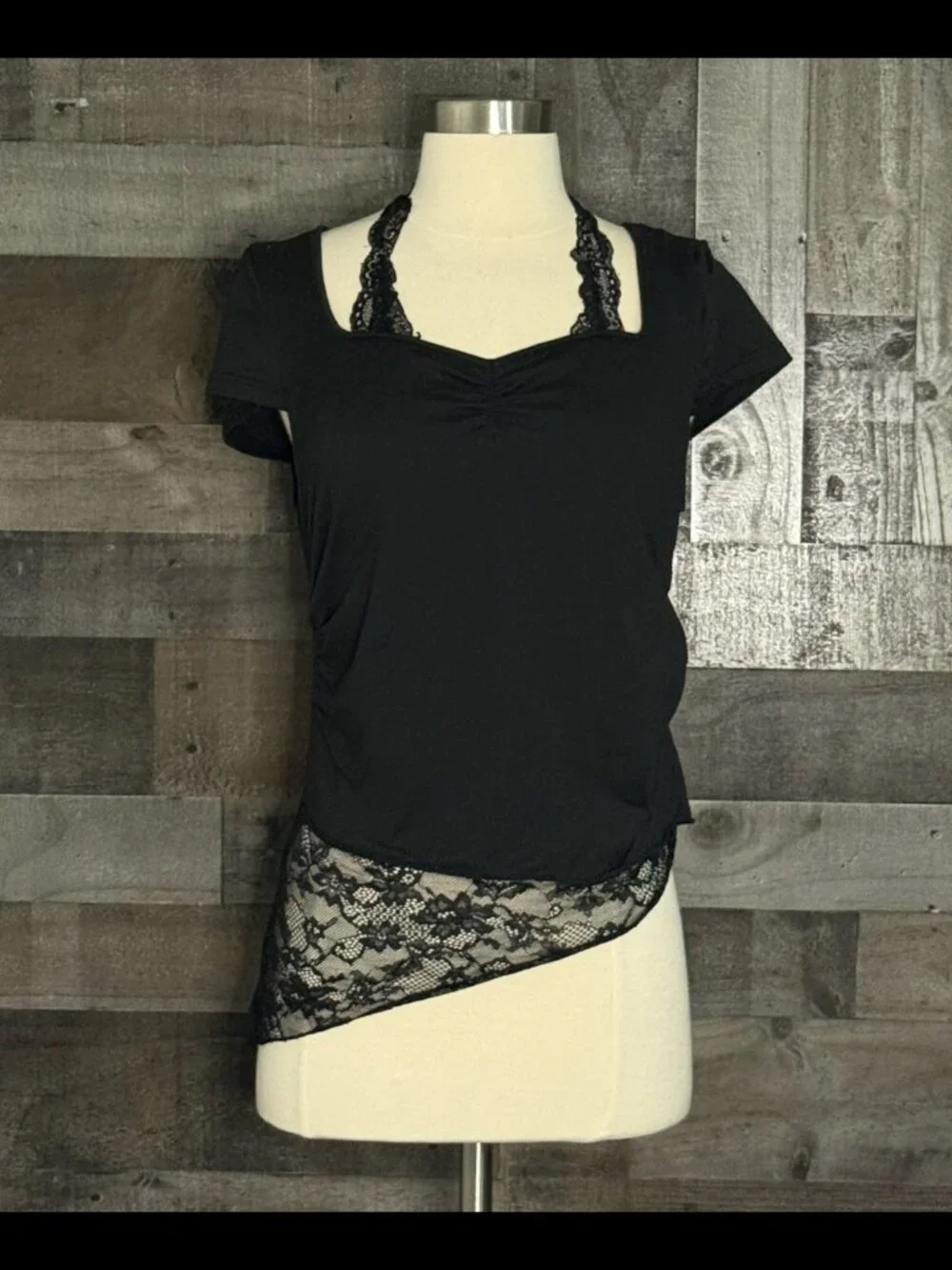Romwe black lace ruched top girls large dark feminine 80s whimsigoth grunge emo